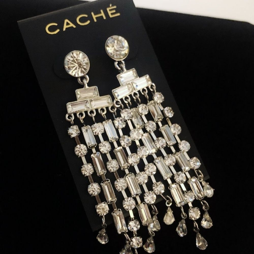 Cache Women's Silver Baguette Chandelier Drama Crystal Drop Earrings NWT 45